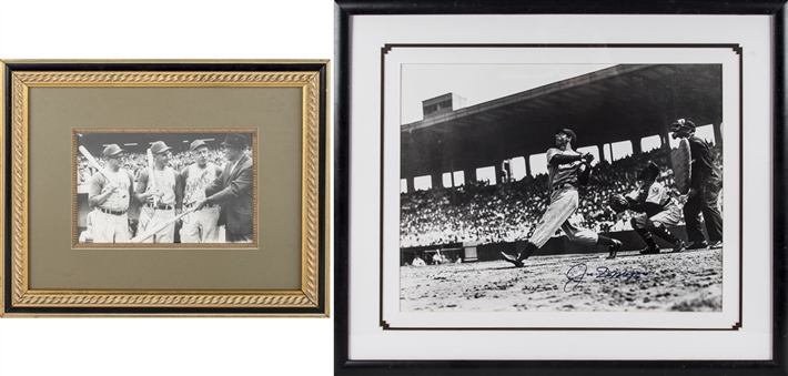 Lot of (2) Framed Photographs Featuring Joe DiMaggio Single-Signed At-Bat In 27 x 23 Display & DiMaggio Brothers (Joe, Dom & Vince) In 17 x 13 Display (Beckett & PSA/DNA)